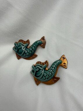 Vintage Elzac Artistic Copper and Ceramic Fish Brooches #39SB